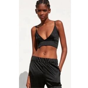Zara Satin Crop Top Bralette Adjustablee Tank Top Bra V-Neck Black